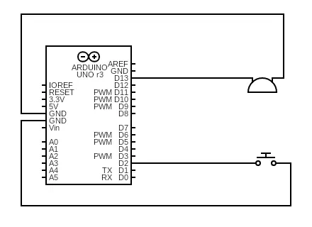 A circuit schematic featuring an Arduino Uno, a switch and a piezoelectric buzzer